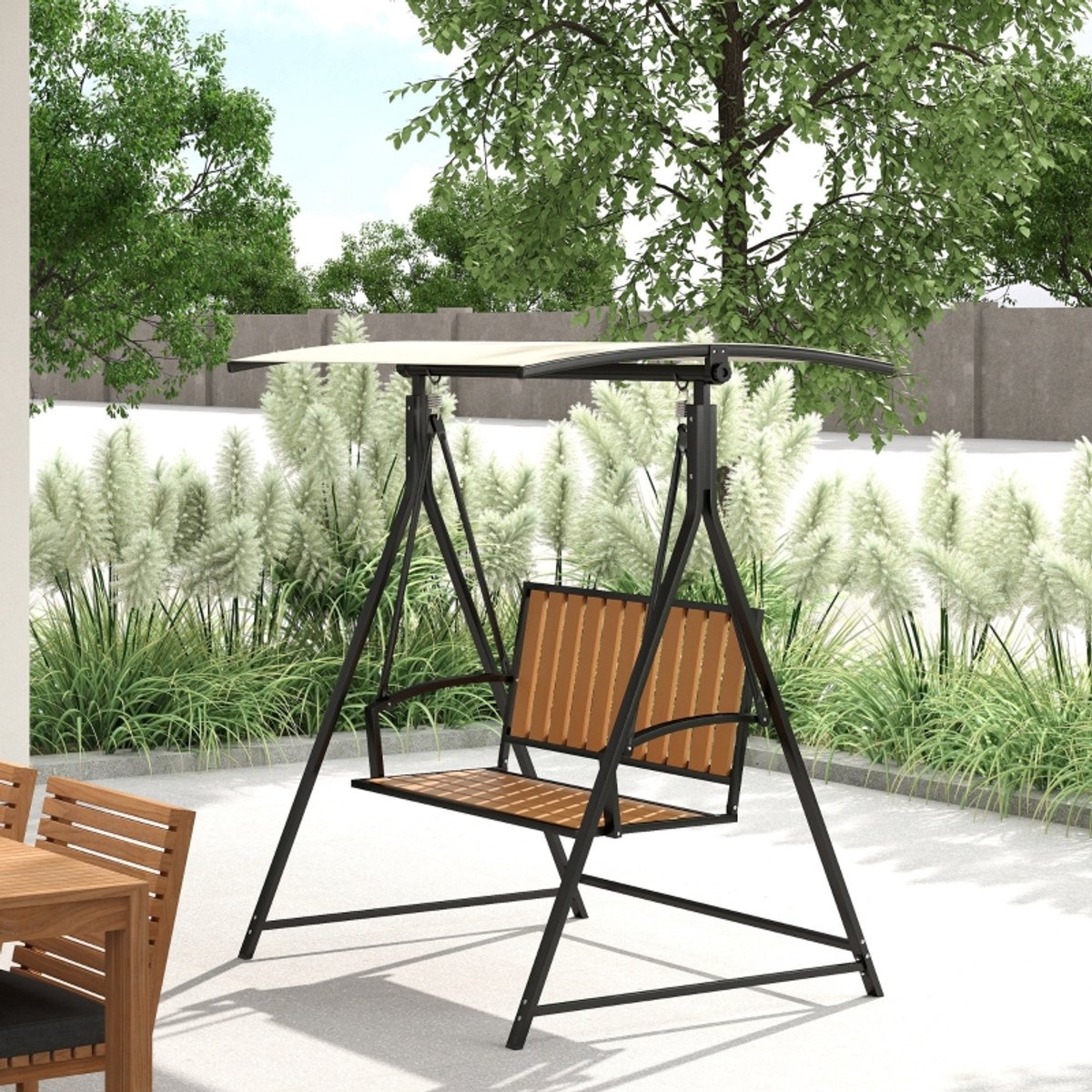 MODFU - Tuinschommel Voor Twee Personen - Verstelbaar Zonnedak Tot 90 Graden - Metalen Frame - Zwart - 142 x 112 x 162 cm