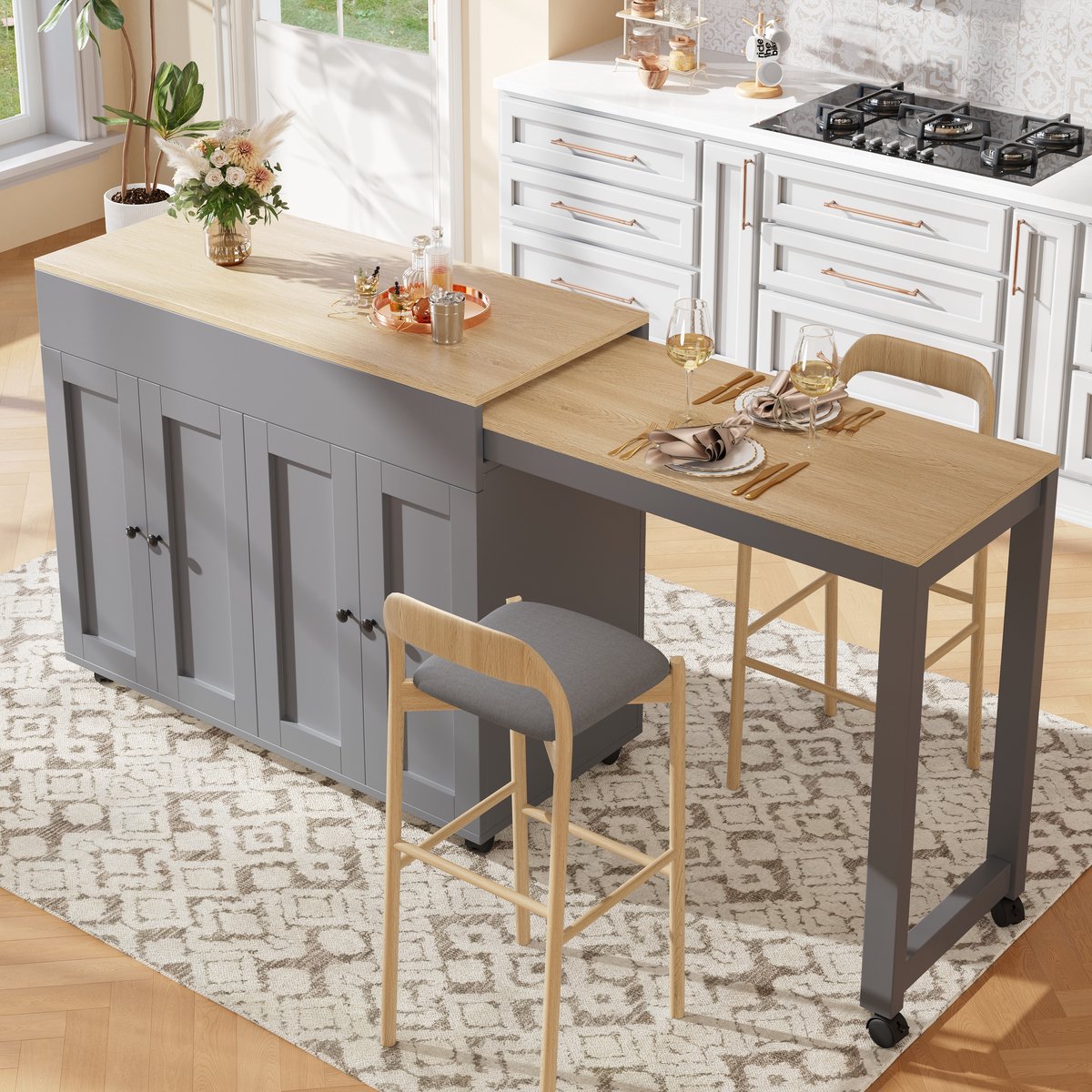 HAUSS SPOLE Bartafel - Uitschuifbaar Met Opbergruimte En 6 Vakken - Voor Keuken En Eethoek - MDF - 118-180x50x94 Cm - Grijs