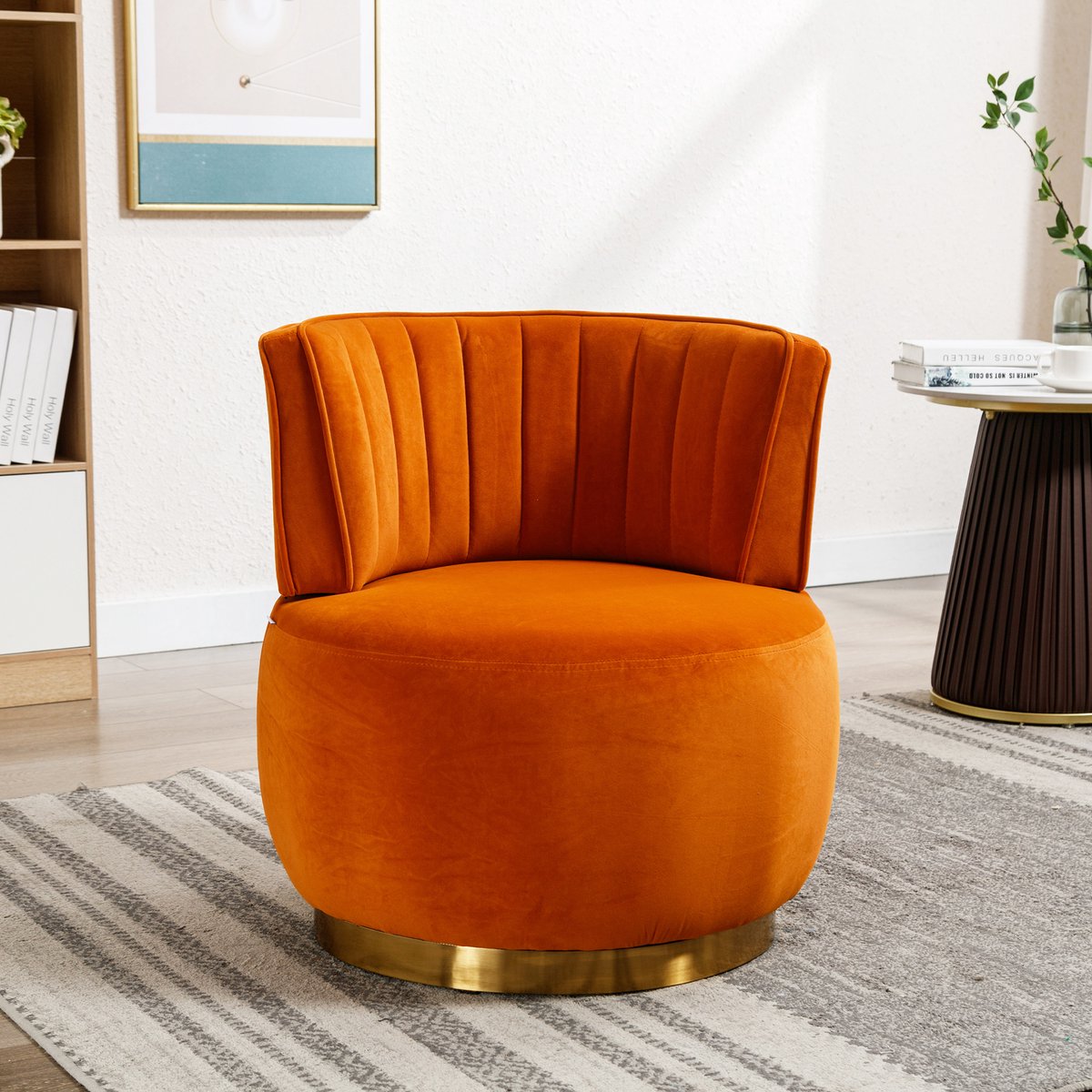 HAUSS SPOLE Draaistoel – Barrel Fauteuil – 1-Zits – 360° Draaibaar & Dikke Schuimvulling – Voor Woonkamer En Slaapkamer – Fluweel Oranje