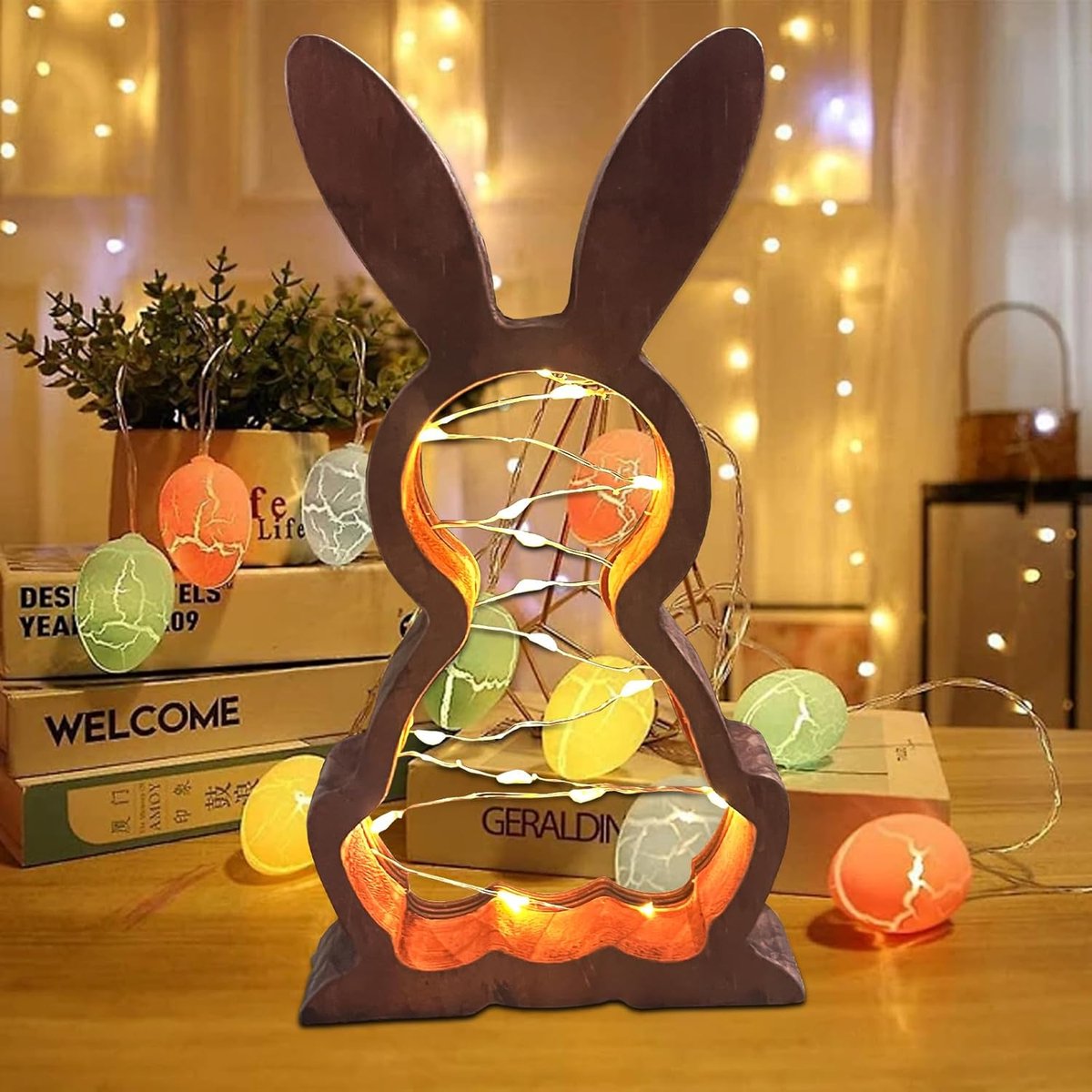 Houten konijn met LED-lichtsnoer, konijnenlamp, moderne houten konijnen, decoratieve houte