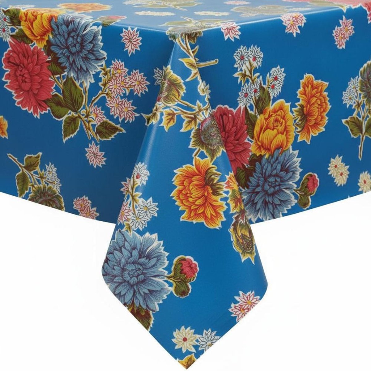 Protecttable - Mexicaans tafelzeil Crisantemos Middenblauw 120x120cm - Tafelkleed Afwasbaar - Kunststof