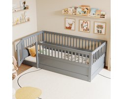 STILVORA Kinderbed 90x200 cm – Vloerbed Met Hekwerk En Deurtje – Open Bedframe Voor Slapen En Spelen – Massief Hout – Zonder Matras – Grijs