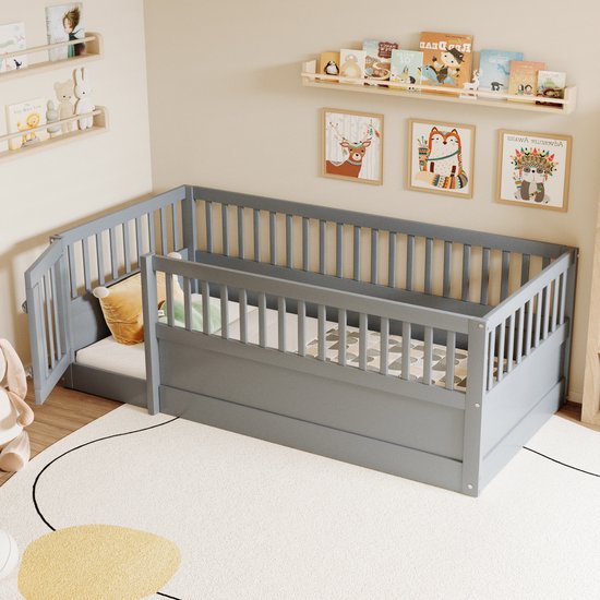 STILVORA Kinderbed 90x200 cm – Vloerbed Met Hekwerk En Deurtje – Open Bedframe Voor Slapen En Spelen – Massief Hout – Zonder Matras – Grijs