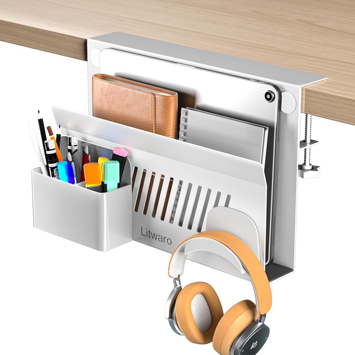 Bureau-zijopslag en laptophouder zonder boren met magnetische penhouder en kleverige hoofdtelefoonhouder