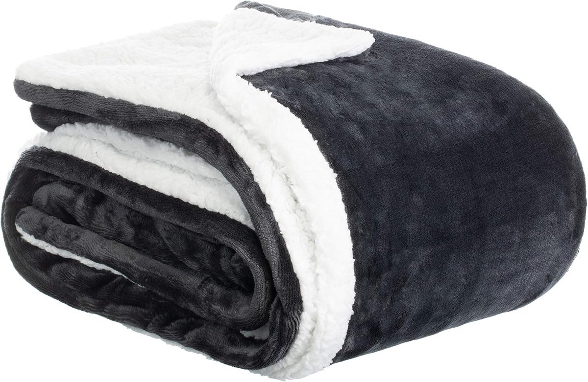 Fleece & Sherpa Deken 150x200 cm - Zachte Dubbelzijdige Plaid voor Bank & Bed - Warm en Knus - Donkergrijs/Wit