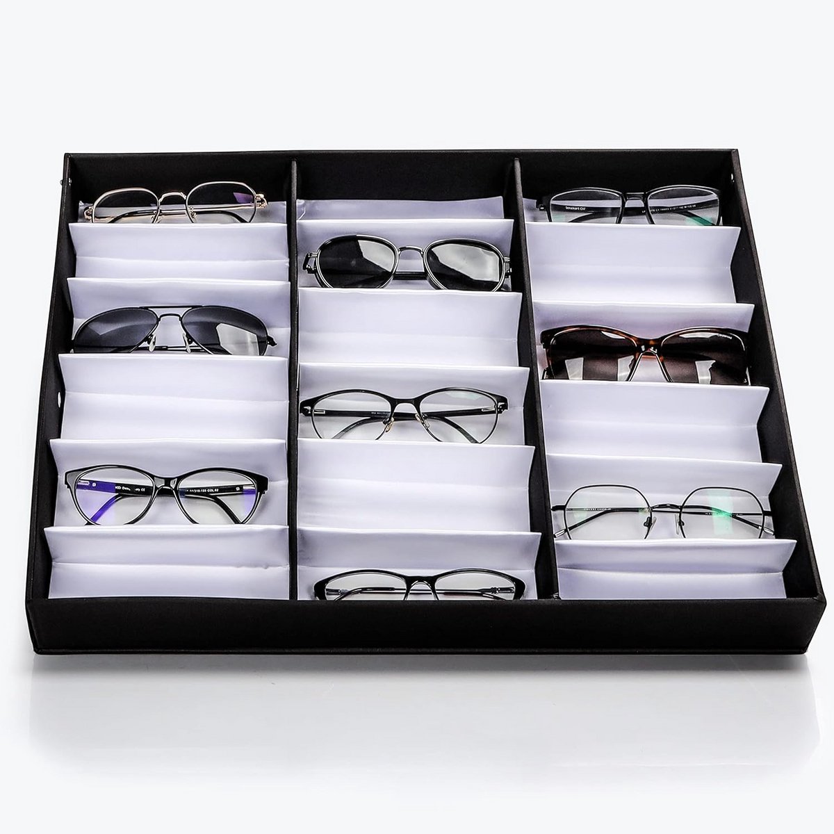 Sunglasses Display Organizer Box with 18 Compartments – Black Unisex Storage for Glasses