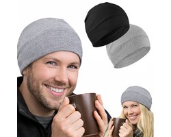 Slaapmuts / Skull Cap – 2 Stuks – Ademend Katoen – Dunne Helmvoering voor Fietsen, Hardlopen & Slaap – Chemo Hoofddeksel – Unisex – Zwart & Grijs – Hoofdomtrek 56-60 cm