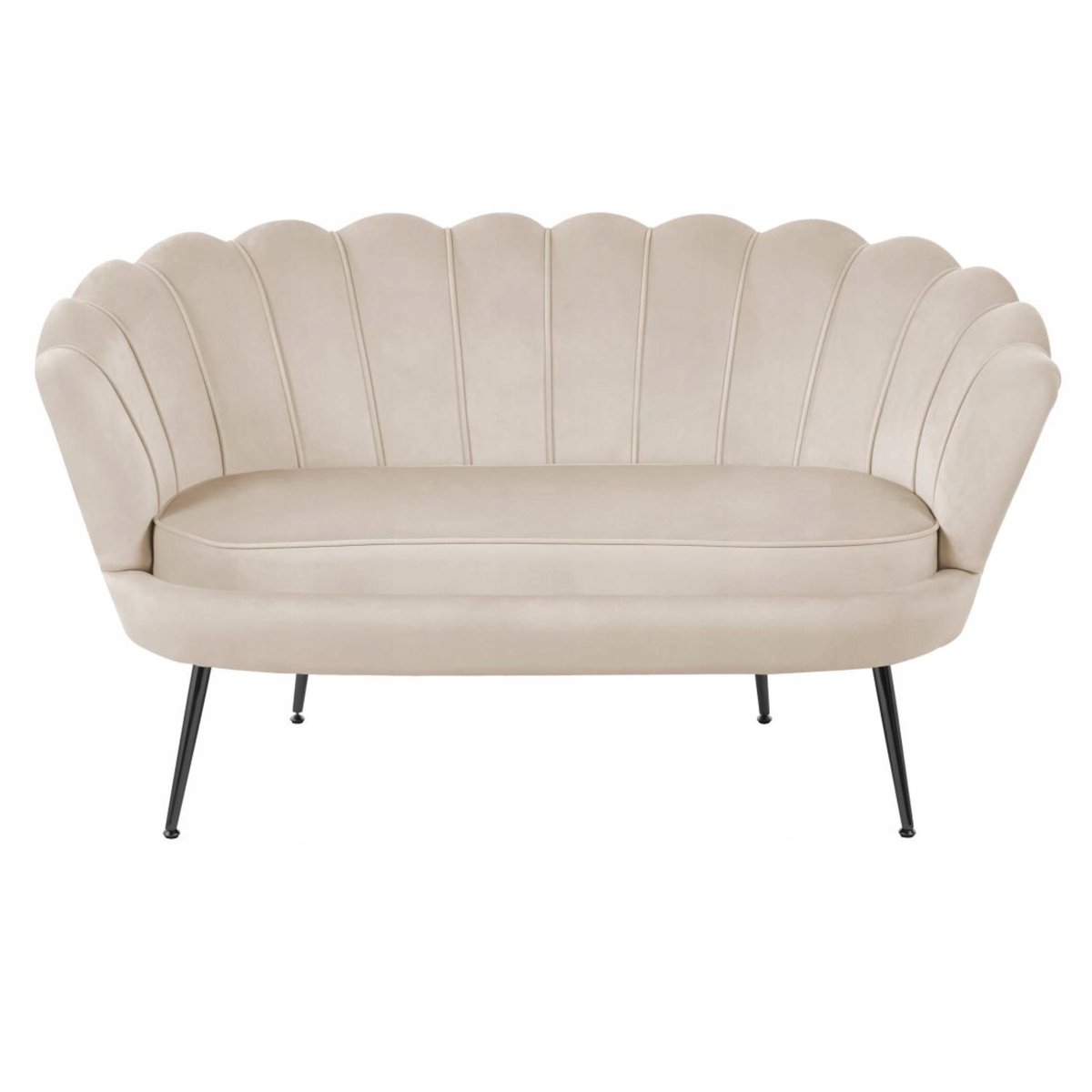 Furnitex Riviera 06 - Tweezitsbank - Beige fluwelen bekleding - Schelpvormige rugleuning - Zwarte metalen poten