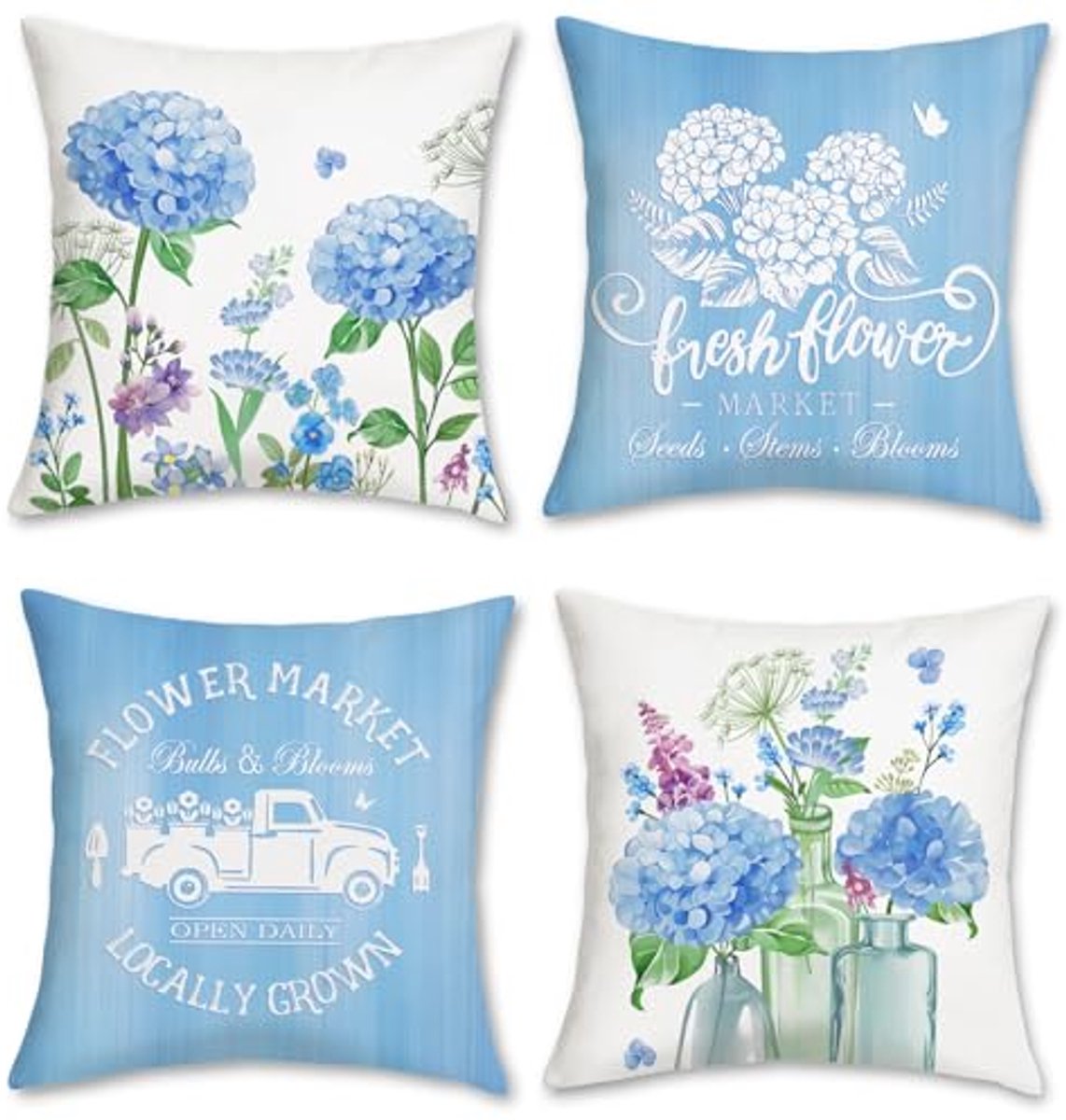 Ultiluxe® Kussenhoezen - 4 Stuks - Sierkussenslopen - Decoratieve Kussenhoes - 45 x 45 cm - Fluweel Stof - Hortensia Bloemenprint - Blauw/Wit