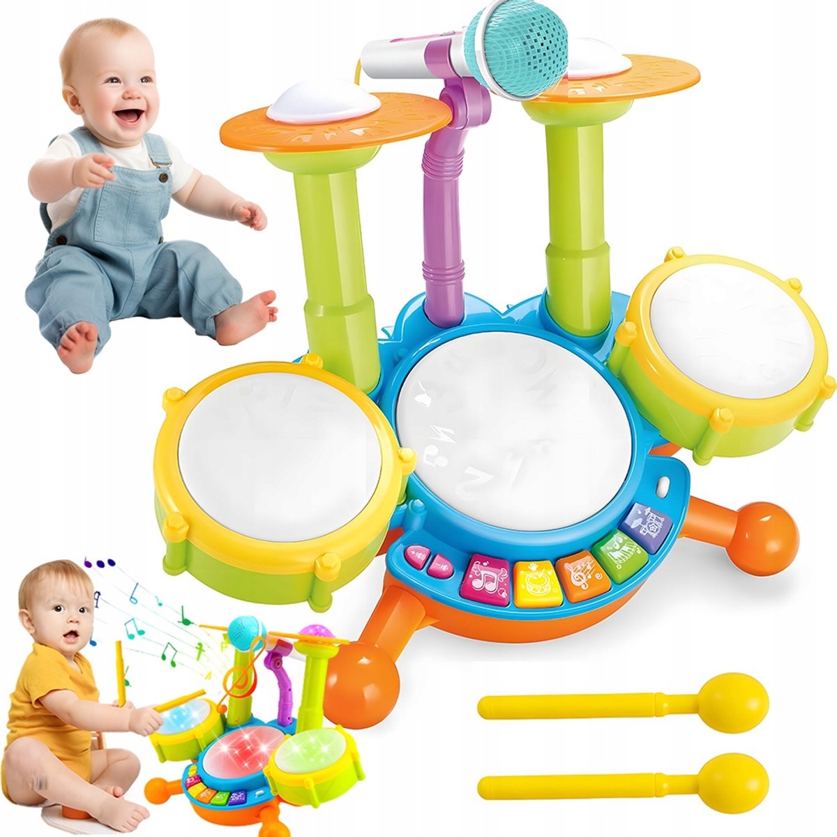 Speelgoedtrommel - Muziekset - 3-in-1 Drumstel & Piano voor Kinderen - Leuke Licht- en Geluidseffecten - Blauw - Met Microfoon & LED-verlichting - 2+ Jaar - Educatief Cadeau