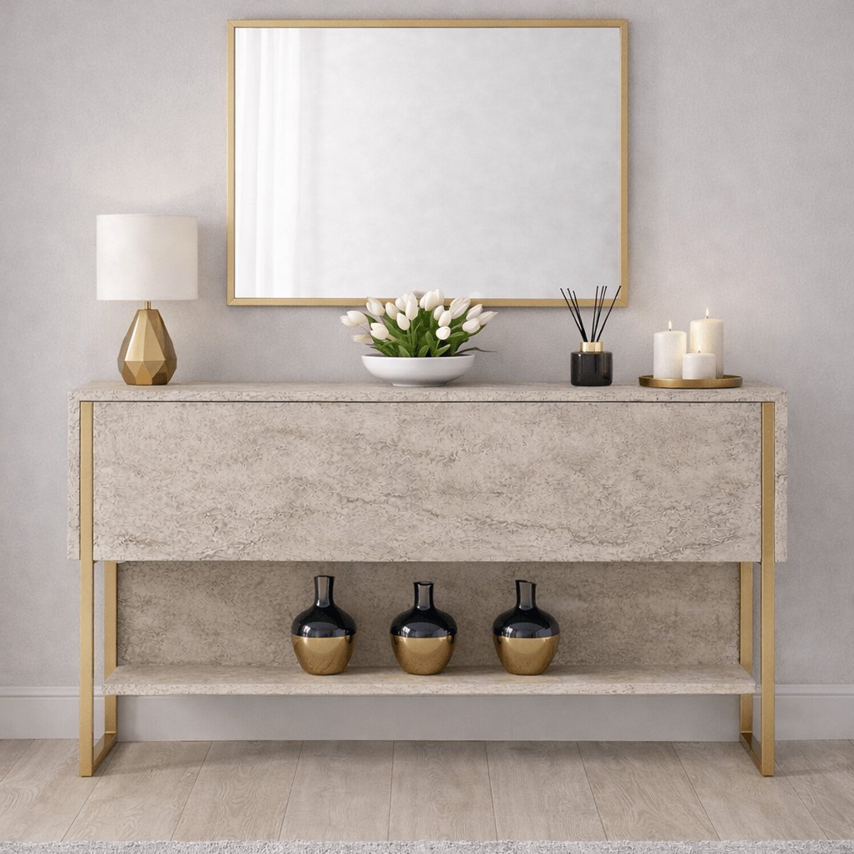 Arabic House Skye Decor, Ladekast, Luxe - Travertine, Gold, Gemelamineerde spaanplaat, Travertin & Goud, 120 x 30 x 80 cm