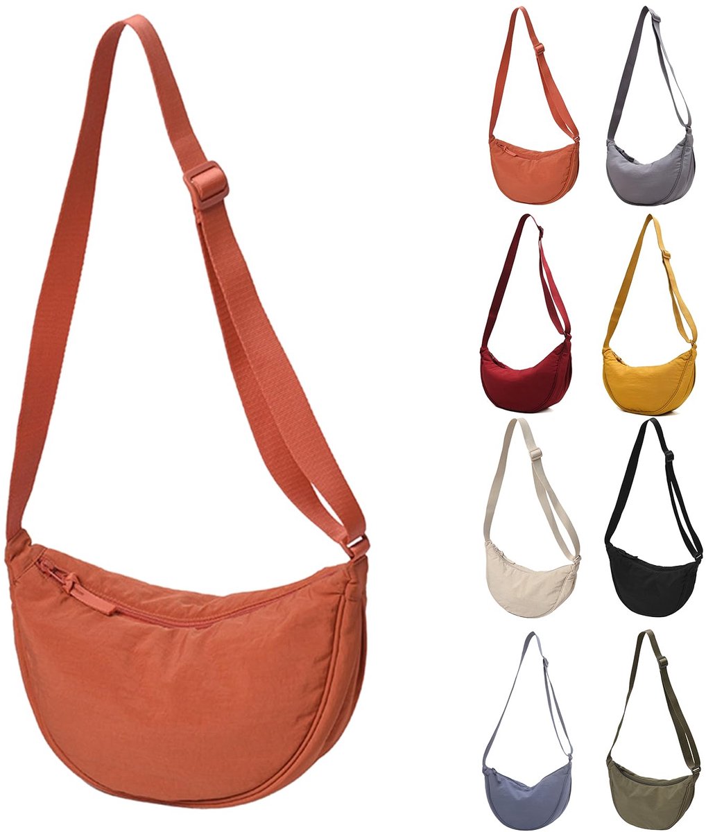 Kraftverdia - Dames halvemaan crossbody tas – Halvemaan tas met afneembare verstelbare schouderriem – Nylon dumpling schoudertas voor reizen en uitgaan - Oranje
