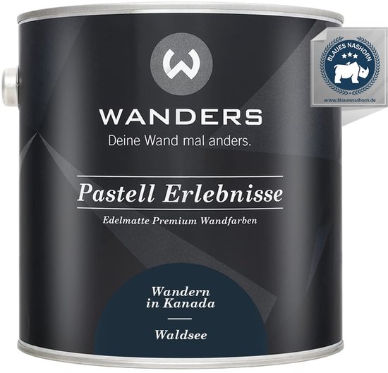 Zwart verfblik van Wanders met logo en tekst 'Pastell Erlebnisse - Edelmatte Premium Wandfarben', 'Wandern in Kanada' en 'Waldsee'.