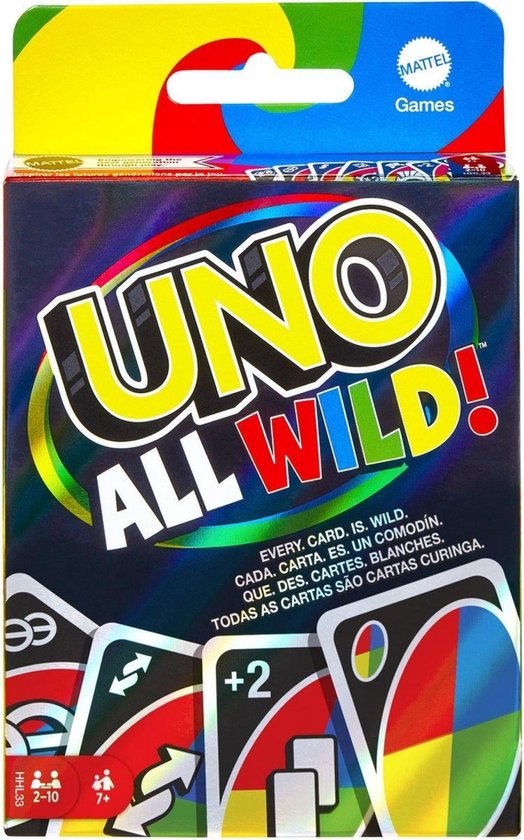 De doos van het UNO All Wild kaartspel met op de voorkant speelkaarten en de spelnaam.