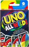 De doos van het UNO All Wild kaartspel met op de voorkant speelkaarten en de spelnaam.