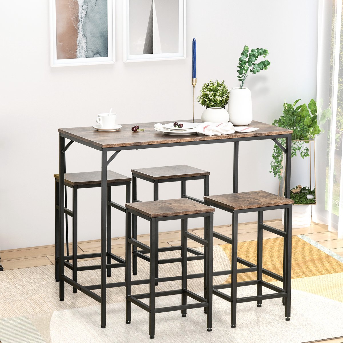 REDOM - Bartafelset Met 4 Barkrukken - Industrieel - Voor Keuken Of Eethoek - Spaanplaat En Staal - Bruin En Zwart - 100 x 60 x 88 cm