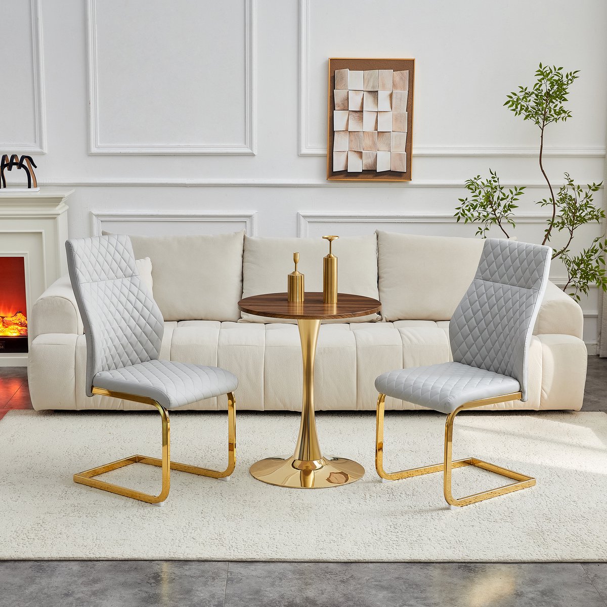 REDOM Tafelset Met 2 Stoelen - Ronde Tafel - Ruitpatroon - Modern - MDF En Metaal - Walnoot, Lichtgrijs En Goud Goud + Lichtgrijs + Walnoot