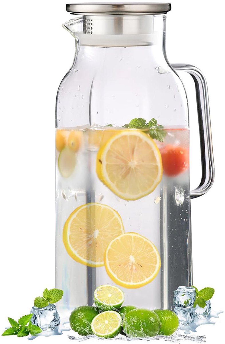 Waterkan - Vierkante Glazen Waterkan - met Deksel en Handvat - Koelkastbestendig - Geschikt voor Warme en Koude Dranken - Grote Inhoud voor Thuis- en Restaurantgebruik - Geschikt voor Koffie, Sap, Melk