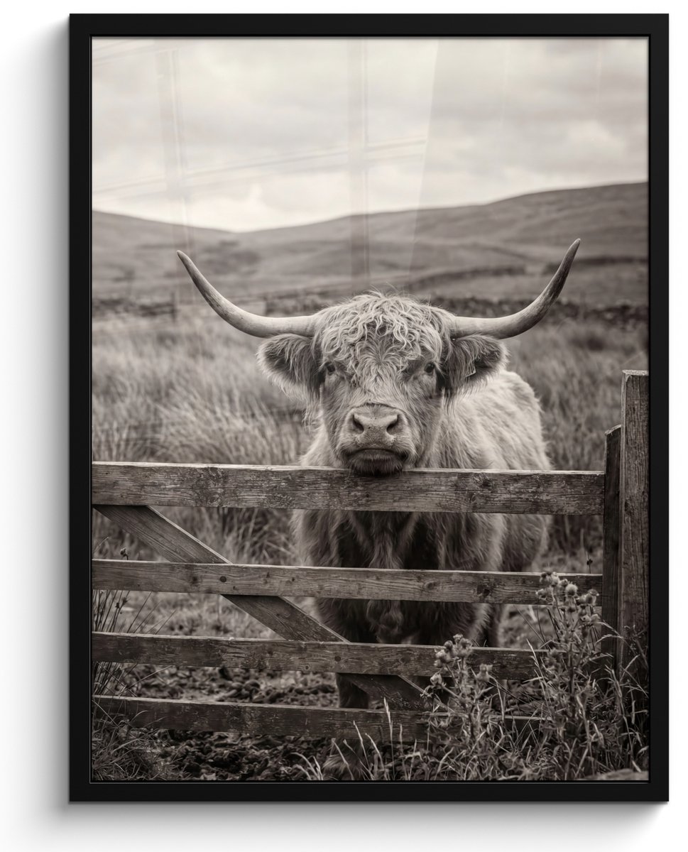 FrameYourWall Poster in lijst - Fotolijst 60x80 cm - Posters - Schotse hooglander - Zwart - Wit - Hout - Posterlijst zwart - Decoratie - Wanddecoratie woonkamer - Muurdecoratie slaapkamer
