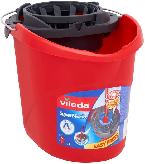 Rode Vileda SuperMocio emmer met grijs persmechanisme, met "Easy Press" op de zijkant.