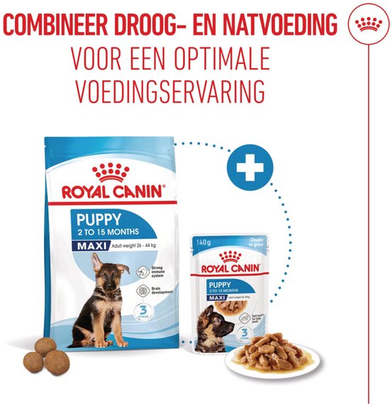 Verpakking van Royal Canin Maxi Puppy voer met een Duitse herder pup, en een klein bakje met brokjes. Naast een zak en bakje, met tekst 'Combineer droog- en natvoeding'.