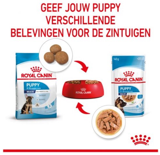 Royal Canin Maxi Puppy voer: brokken en natvoer in saus om de zintuigen te prikkelen.