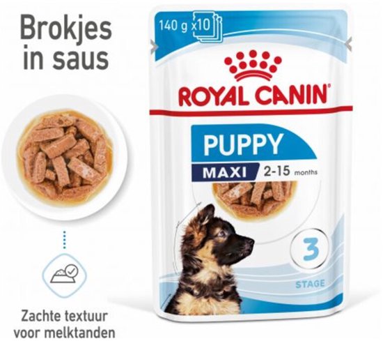 Royal Canin Maxi Puppy brokken in saus met zachte textuur voor melktanden.