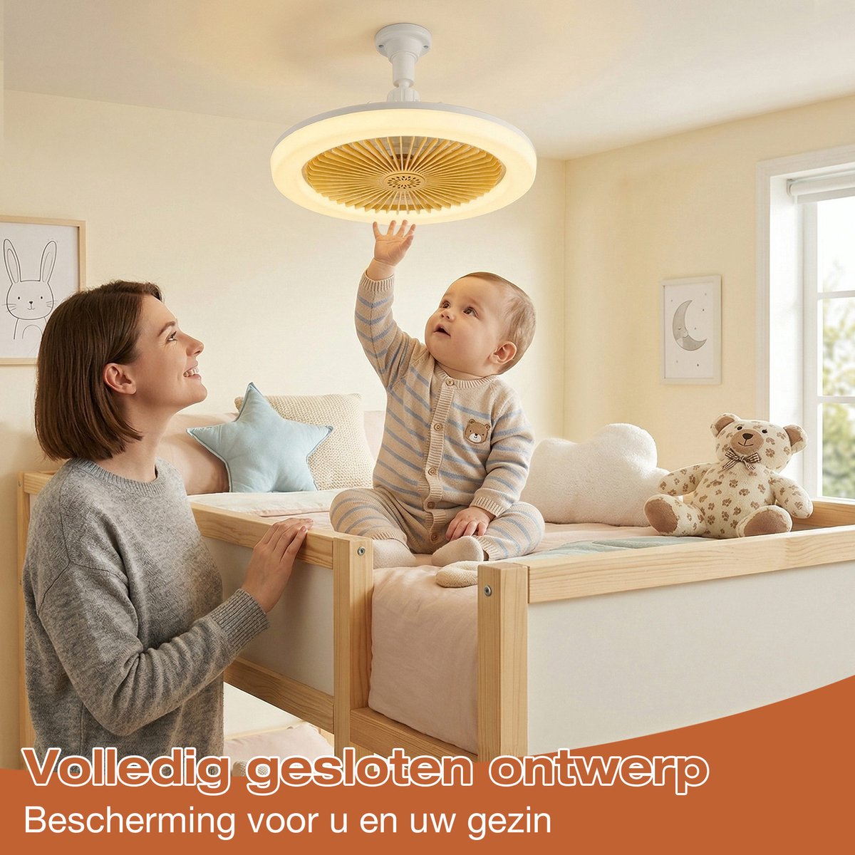 MUPOO Plafond ventilator met LED verlichting E27 Fitting met 360° Draaibaar - APP & Afstandsbediening -Eenvoudige Installatie -Snel te Installeren - 3 Snelheden & Dimbaar - Mini lamp ventilator plafond Voor Slaapkamer & Keuken -Geel thumbnail 6