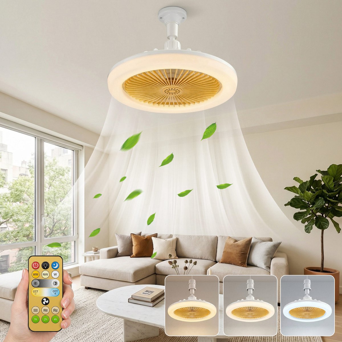 MUPOO Plafond ventilator met LED verlichting E27 Fitting met 360° Draaibaar - APP & Afstandsbediening -Eenvoudige Installatie -Snel te Installeren - 3 Snelheden & Dimbaar - Mini lamp ventilator plafond Voor Slaapkamer & Keuken -Geel