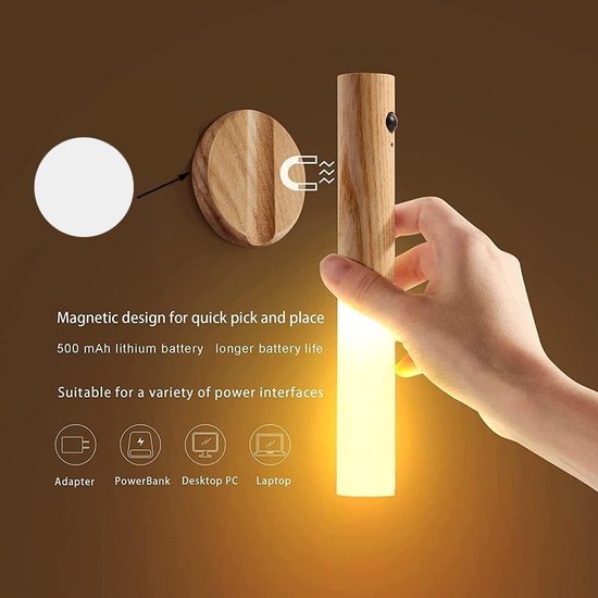 LED-wandlamp - nachtlamp - nachtlampje met bewegingssensor - USB oplaadbaar - Nachtlampje met magnetische bevestiging - Natuurlijke houtkleur - Hout — afbeelding 4