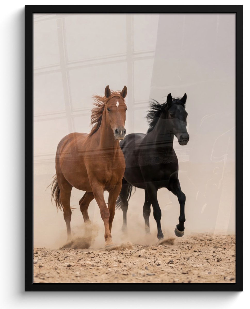 FrameYourWall Poster in lijst - Fotolijst 60x80 cm - Posters - Kudde paarden - Stofwolk - Bruin - Zwart - Posterlijst zwart - Decoratie - Wanddecoratie woonkamer - Muurdecoratie slaapkamer