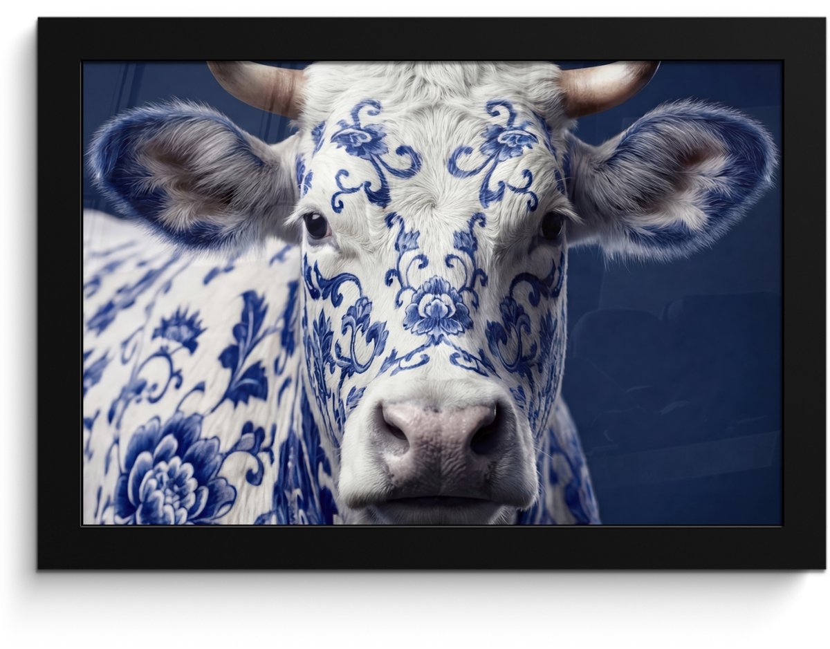 FrameYourWall Poster in lijst - Fotolijst 30x20 cm - Posters - Koe - Delfts - Blauw - Artistiek - Posterlijst zwart - Decoratie - Wanddecoratie woonkamer - Muurdecoratie slaapkamer