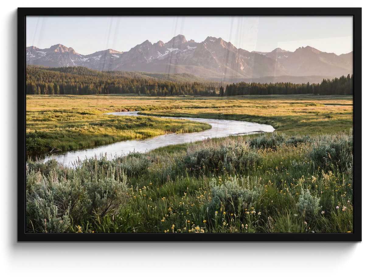 FrameYourWall Poster in lijst - Fotolijst 90x60 cm - Posters - Berglandschap - Rivier - Bos - Posterlijst zwart - Decoratie - Wanddecoratie woonkamer - Muurdecoratie slaapkamer