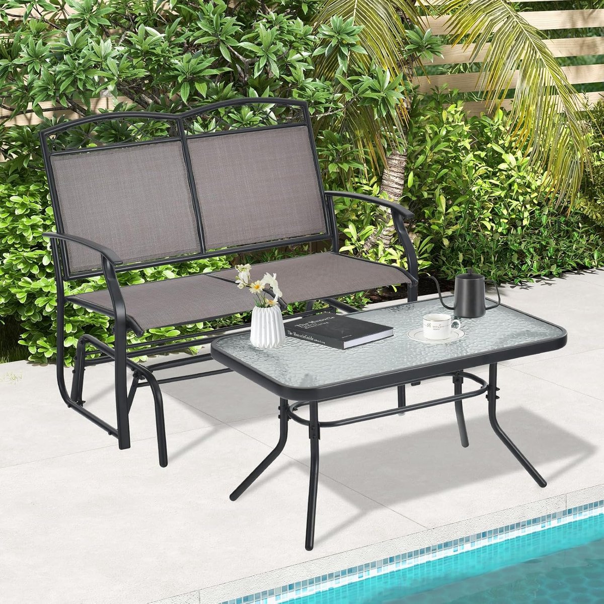 Luxe 2-Zits Schommelbank met Glazen Salontafel – Ergonomische Lounge Schommelstoel van Ademend Textilene & Gepoedercoat Metaal – Weerbestendige Loungebank voor Tuin, Terras & Balkon (Bank: 104x72x94 cm | Tafel: 90x50x46 cm) –