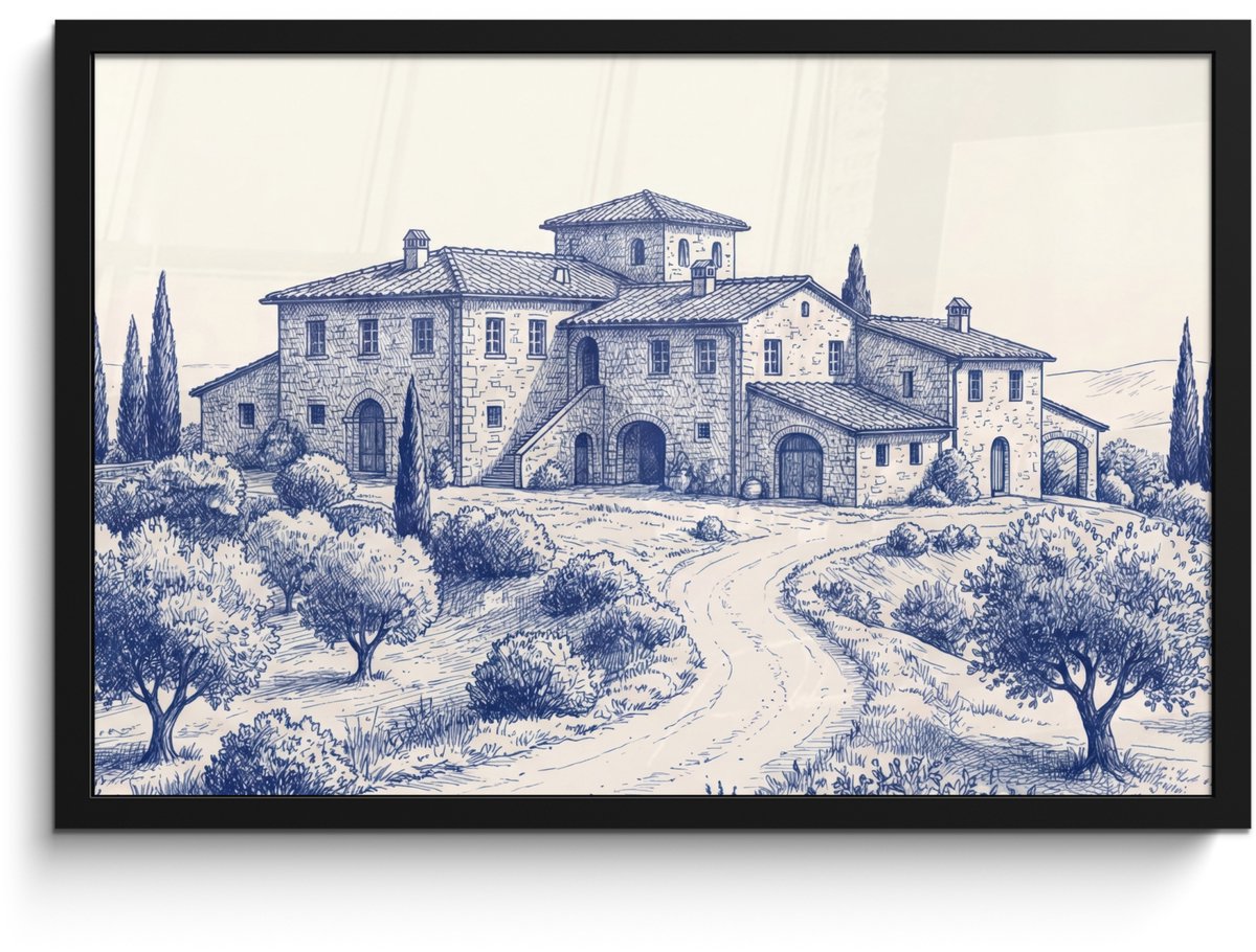 FrameYourWall Poster in lijst - Fotolijst 60x40 cm - Posters - Rustiek - Landgoed - Blauw - Posterlijst zwart - Decoratie - Wanddecoratie woonkamer - Muurdecoratie slaapkamer