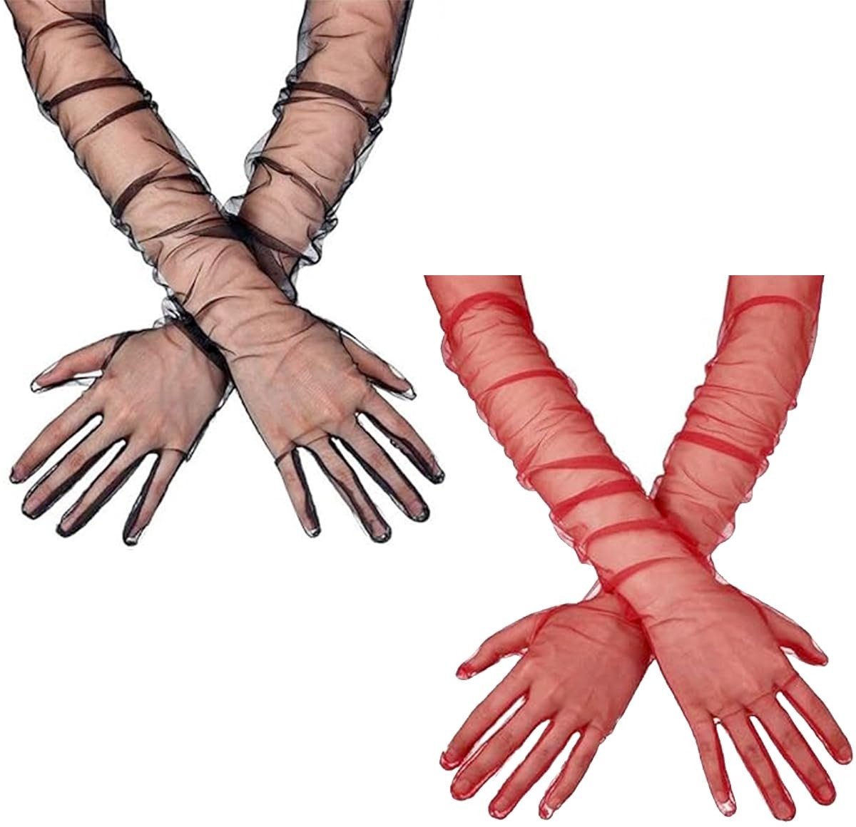 Vintage Opera Handschoenen 2 Paar Lange Kant Glove voor Bruiloft, Cocktail en Gala Zwart en Brique Rood One Size