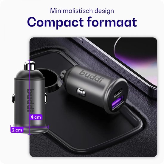Compacte Buddi autolader met twee poorten (USB-A en USB-C), grijs, 45W. Minimalistisch design, 2cm breed en 4cm hoog.