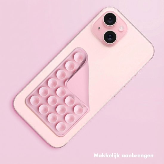 Roze telefoon met zuignapstickers op de achterkant, met tekst 'Makkelijk aanbrengen'.