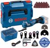 Bosch Professional multitool met blauwe koffer, accessoires, extra opbergdoos, en stickers met "weekdeals" en "garantie".