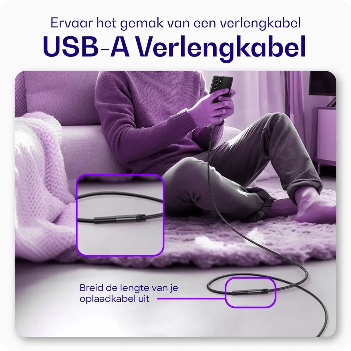 Buddi Flex | USB-A naar USB-A Verlengkabel | USB 3.0 | Female naar Male | Geschikt voor printers, telefoon, USB-sticks, harde schijven en meer | USB Verlengsnoer | Gevlochten Nylon | 1M | Zwart — afbeelding 3