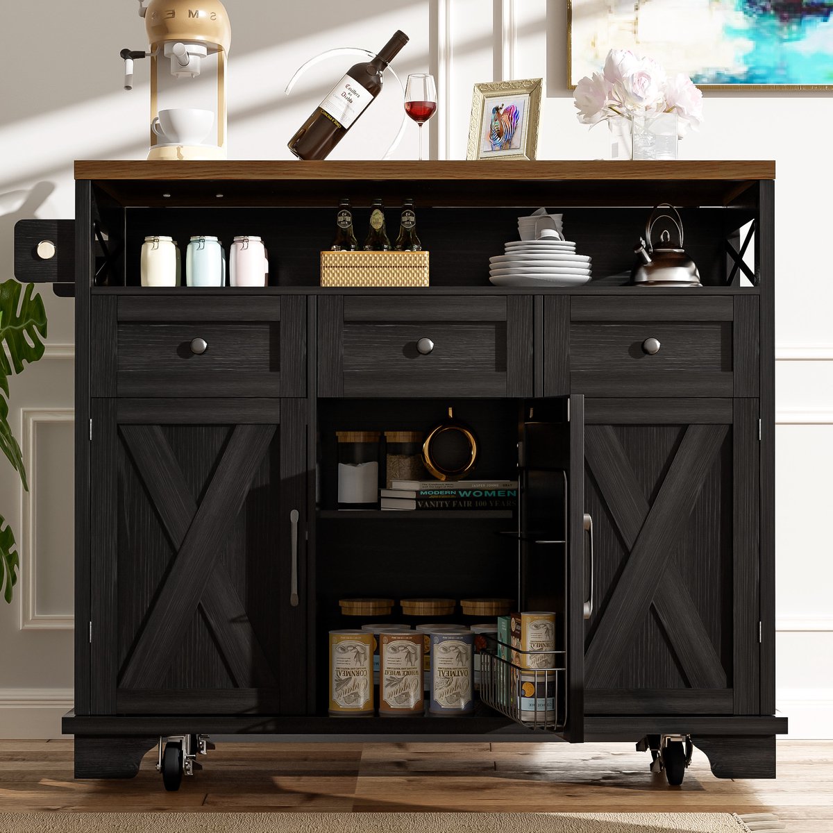 Wishdor Keukeneiland - Uitklapbaar En Verrijdbaar - Met Opbergruimte En Handdoekhouder - MDF En Metaal - Zwart - 118 X 43-80 X 98 Cm