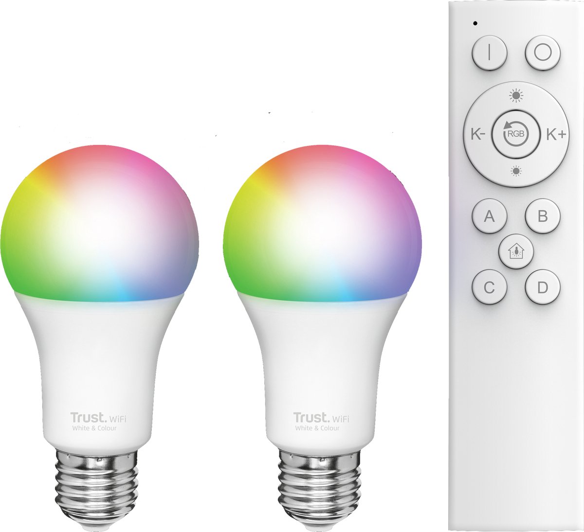 Trust Wifi - 2 Slimme RGB-ledlampen - Slimme verlichting - Werkt met App - Werkt met Amazon Alexa - Werkt met Google Assistent - App & Spraakbesturing - RGB verlichting - Incl. Afstandsbediening - Meerkleurig