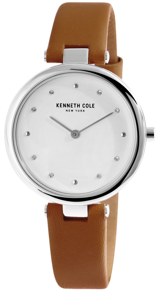 Kenneth Cole-kc50513001-Dameshorloge-lederen band-lichtbruin-zilver-kristal-3 atm waterdicht-diameter 33mm