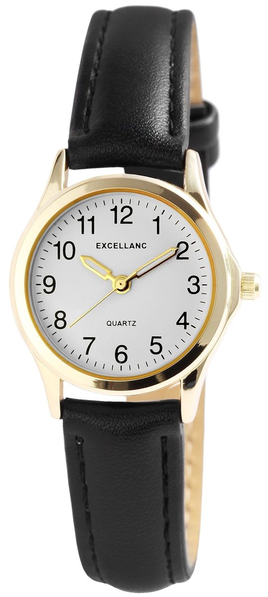 Excellanc-dameshorloge-model 1900264-001-goudkleurig-duidelijke wijzerplaat -diameter 25 mm-zwarte band-3 atm waterdicht