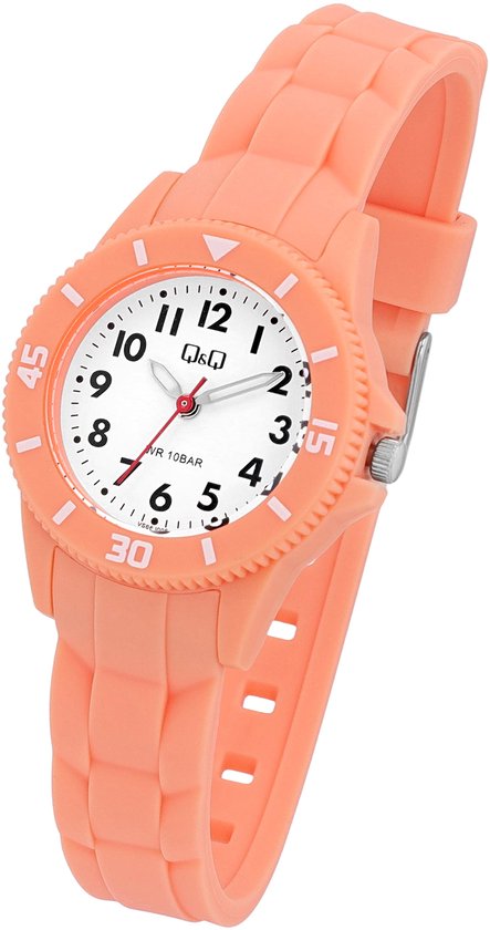 Zijaanzicht van een oranje horloge met witte wijzerplaat, zwarte cijfers en rode secondewijzer.