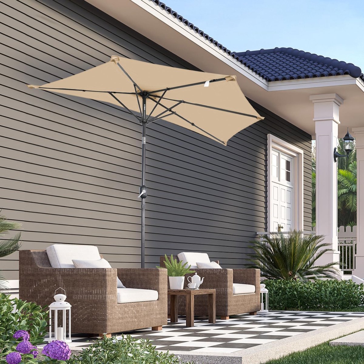 Halve Parasol 270 cm Beige – Balkon Parasol met Zwengel, UV-beschermend Polyester, Ruimtebesparend Halfrond Design, Ventilatie, Voor Balkon, Terras & Tuin – Laura