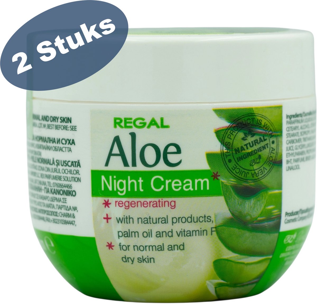 Regal Aloe Night Cream Voordeelverpakking 2 Stuks – Hydraterende Crème met Natuurlijke Aloë Vera, Palmolie en Vitamines E & F – voor Gevoelige, Normale & Droge Huid – 2 x 100ml