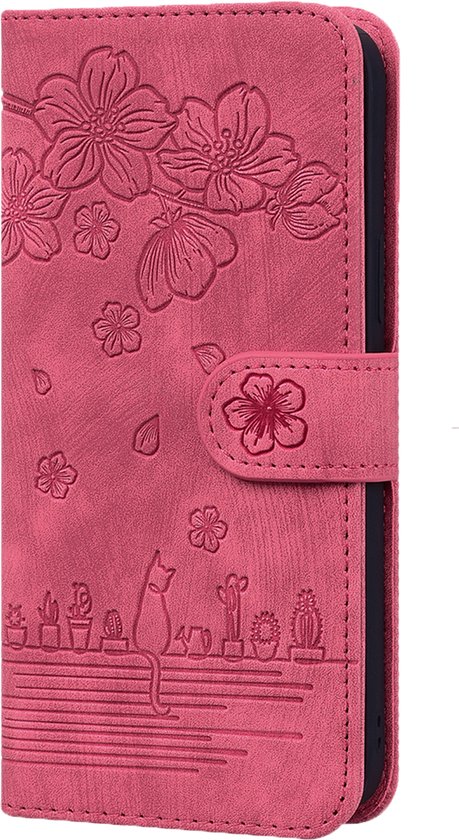 Étui compatible avec Samsung Galaxy A57 - Type portefeuille - Cordon - Porte-cartes - Portefeuille - Protection de l'appareil photo - Motif floral - Similicuir - Rouge bordeaux