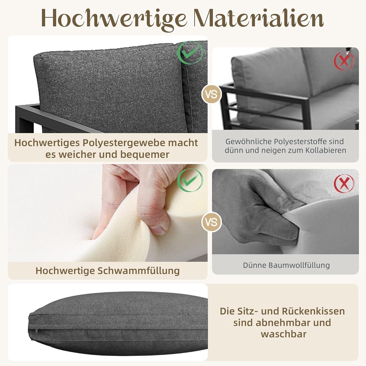 Touw tuinmeubelset 5-delig – Bellavero loungeset voor buiten, hoekbank en salontafel, verstelbare poten, verzinkt ijzeren frame, inclusief zit- en rugkussens, modern grijs