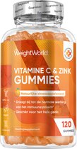 Pot vitamine C & zink gummies van WeightWorld met een etiket waarop "Natuurlijke sinaasappelsmaak" staat.